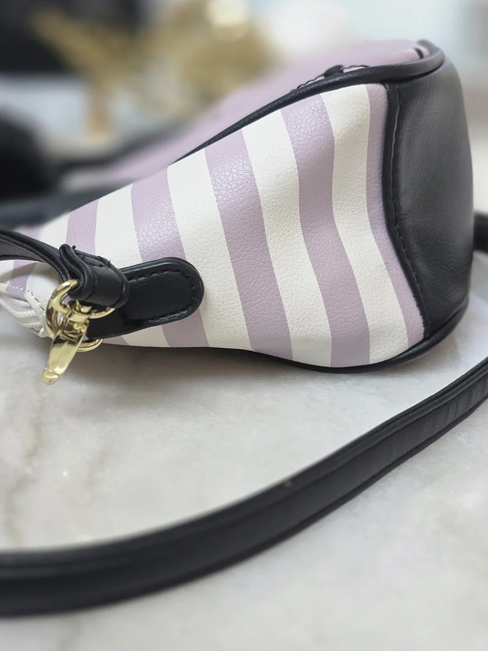 Luv Betsey Johnson Mini Satchel Crossbody Pink Striped Heart with Cat Pom